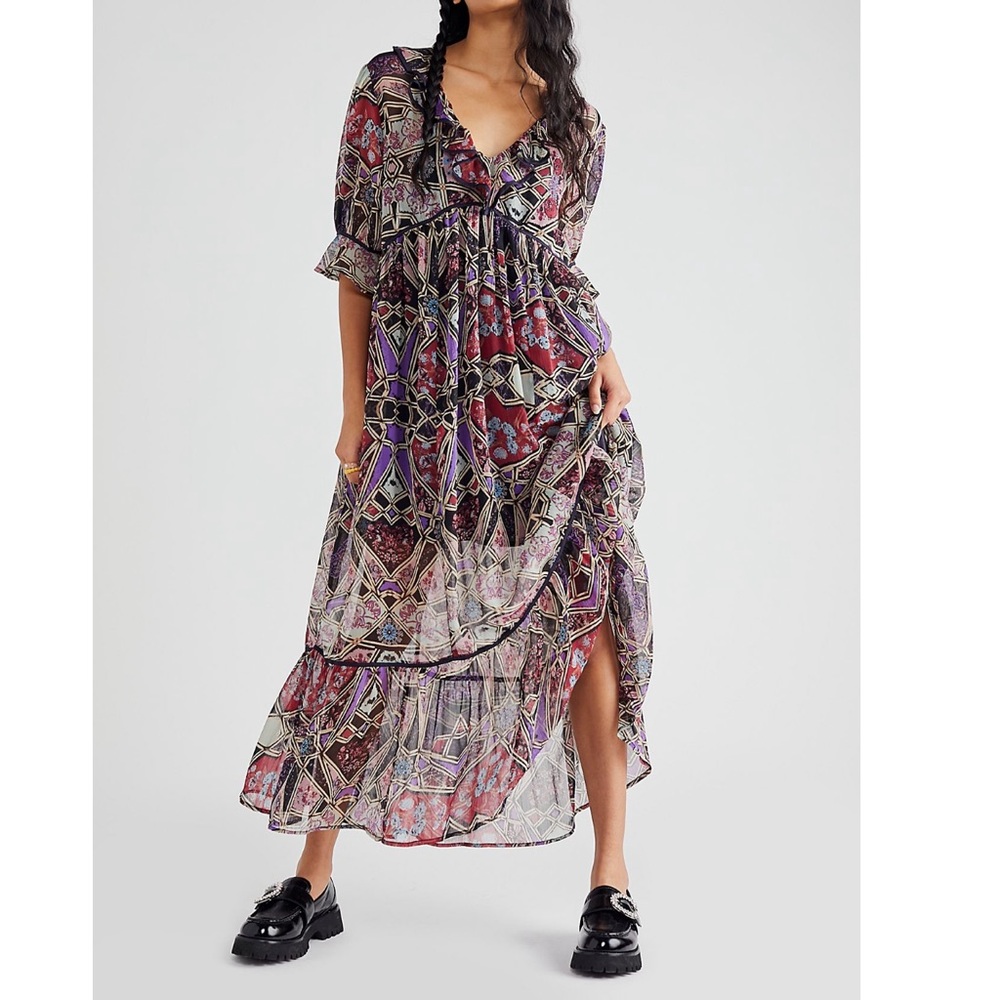 Free People Carmella Geometric Printed Flowy Chiffon Maxi Dress - Picture 1 of 8